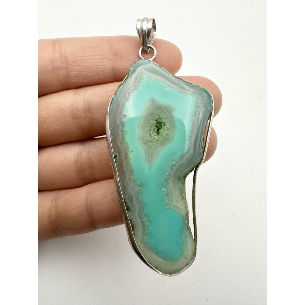 Teal Green Agate Druzy Slice Pendant Silver Tone Large